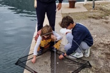 simple pleasures: two kids collecting sand smelt from a specialized net