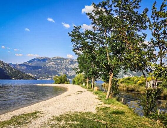 Kotor boat tours - view of a beach in Morinj surrounded by trees and a river